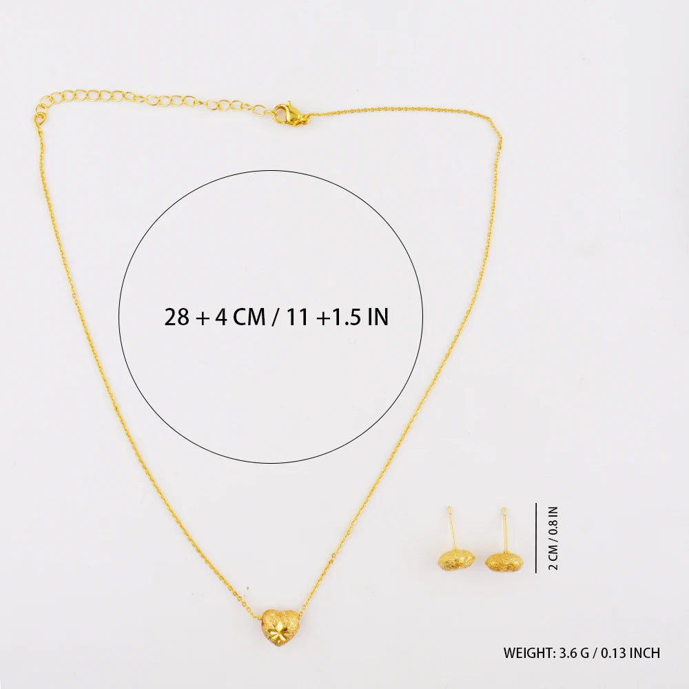 Exquisite Gold Color Jewelry Set for Party Heart Stud Earrings and Pendant Chain America Bridal Jewelry Set for Engagement Party