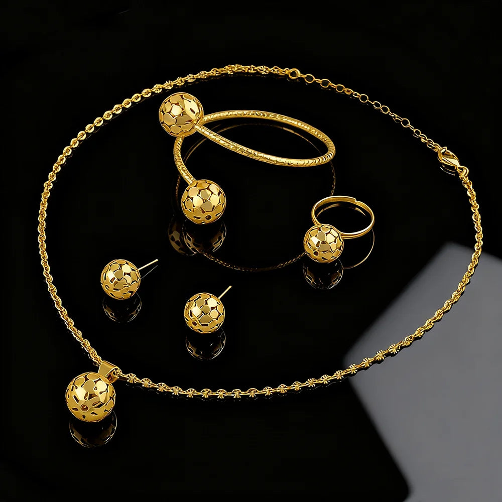 Fashion Gold Color Hollow circle Jewelry New Fashion Metal Jewelry Three-dimensional Ring Earring Necklace Four Piece Set Gift