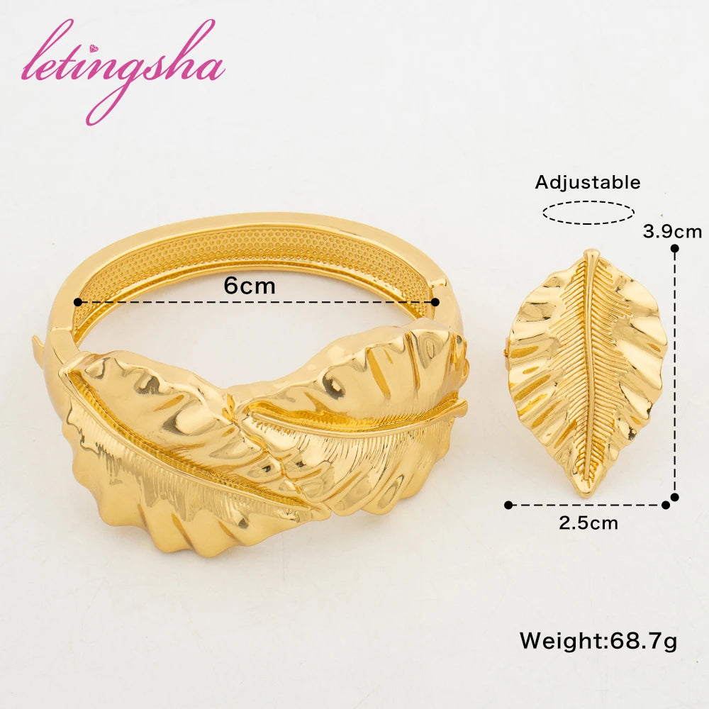 Italian Cuff Bracelets Copper Jewelry Ladies Fashion Hoop Large Leaves Bangle Rings Set for Women Luxury Gold Color Party Gifts