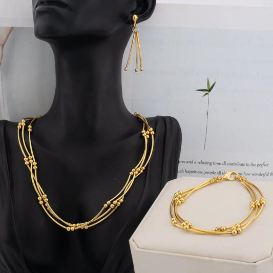 Stainless Steel Gold Color Beaded Round Necklace Earrings Bracelet Metal Multi Layer Jewelry For Women Party Waterproof Gift