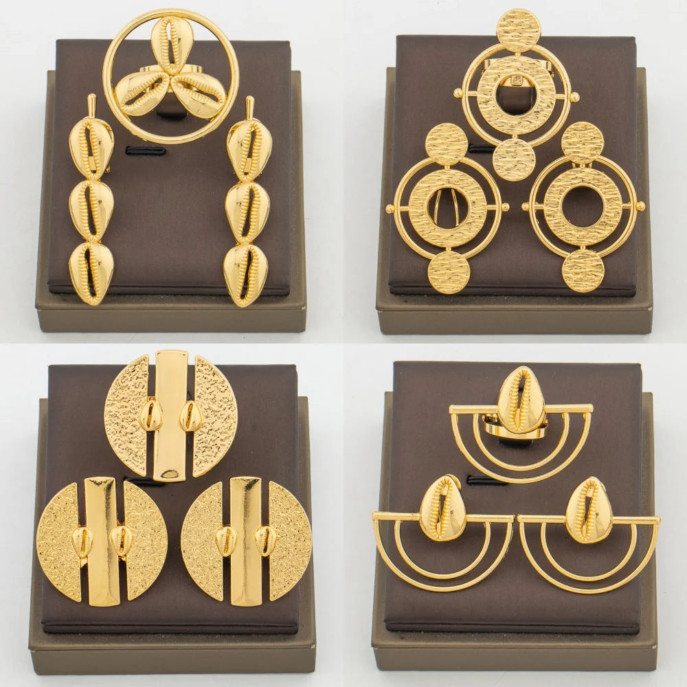 4Set/lot Earrings and Ring Jewelry Set for Party African 18k Gold Color Clip Earrings Finger Ring 2Pcs Set for Engagement Gifts
