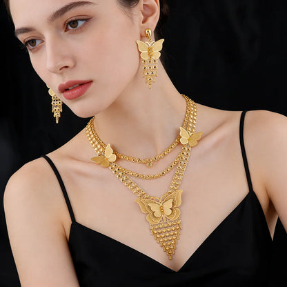 24K Gold Color Long Chain Necklace Earrings Set New Indian Nigerian Bridal Wedding Ethiopian Luxury Party Jewelry Wholesale Gift