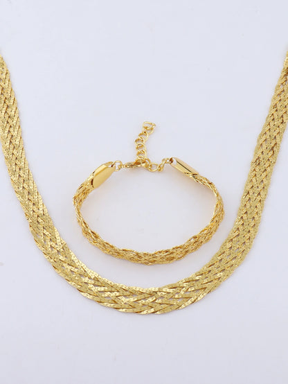 YM 10mm woven hollow chain set: 40cm necklace & bracelet, gold-tone plated, punk-luxury vibe for Dubai Africa women gift