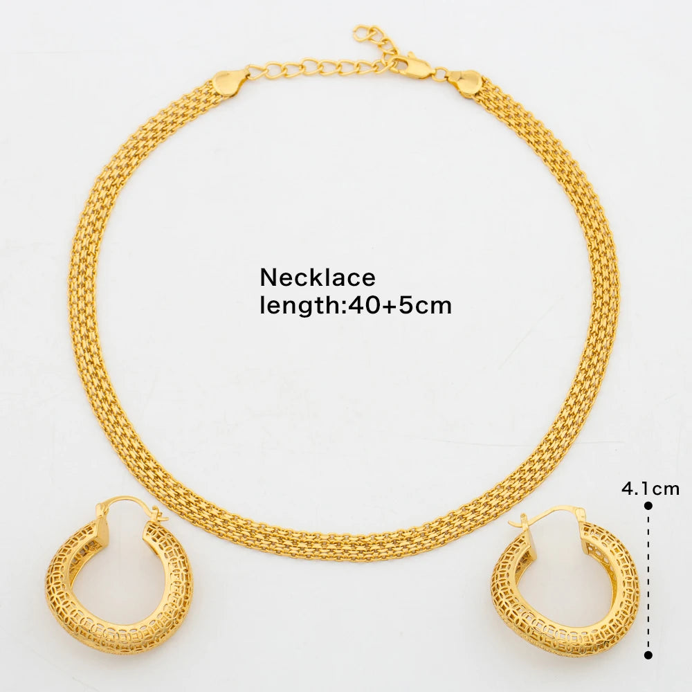 Dubai Earrings Chain 18K Gold Color Necklace Jewelry Set for Women Party Bohemia Clothing African Clip Earrings Wedding Gift