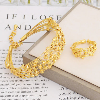 Noble Dubai Gold Color Jewelry Set For Women Luxury Multi Layer Bangle And Multi Bead Ring For Easter Gifts Wedding Arabic Party