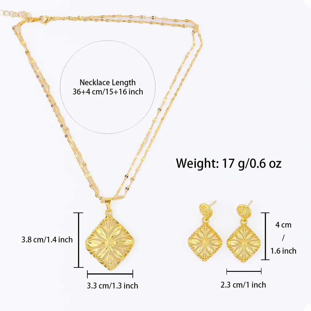 Italy French Gold Plated Rhombus Necklace Earrings Set for Women Bride Smooth Gold Color Charm Jewelry Gift for Party Wedding