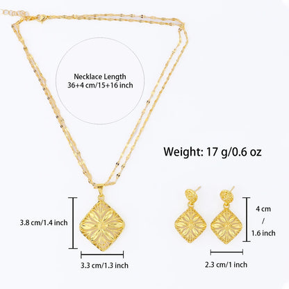 Italy French Gold Plated Rhombus Necklace Earrings Set for Women Bride Smooth Gold Color Charm Jewelry Gift for Party Wedding