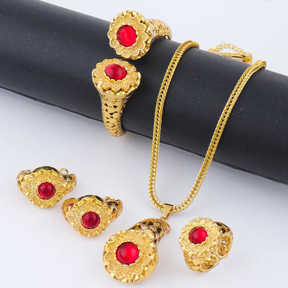 Dubai 24k Gold Plated Jewelry Sets for Indian Bridal Costume Necklace Earrings Bracelet Ring Sets Nigerian Wedding Party Gifts