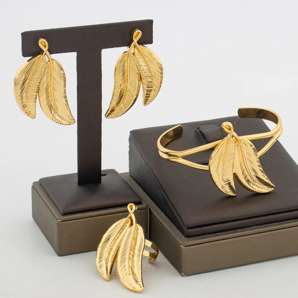 Earrings and Bangle Ring Jewelry Set for Party African 18k Gold Color Earrings Finger Ring Weddings Bridal Jewelry Accessories