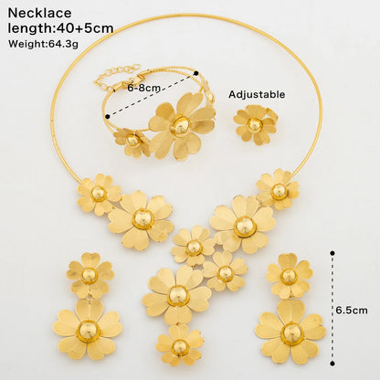 Luxury Gold Color Jewelry Set for Women African Classic Big Flower Necklace Earrings Bangle Ring Set Dubai Jewelry Daily Party