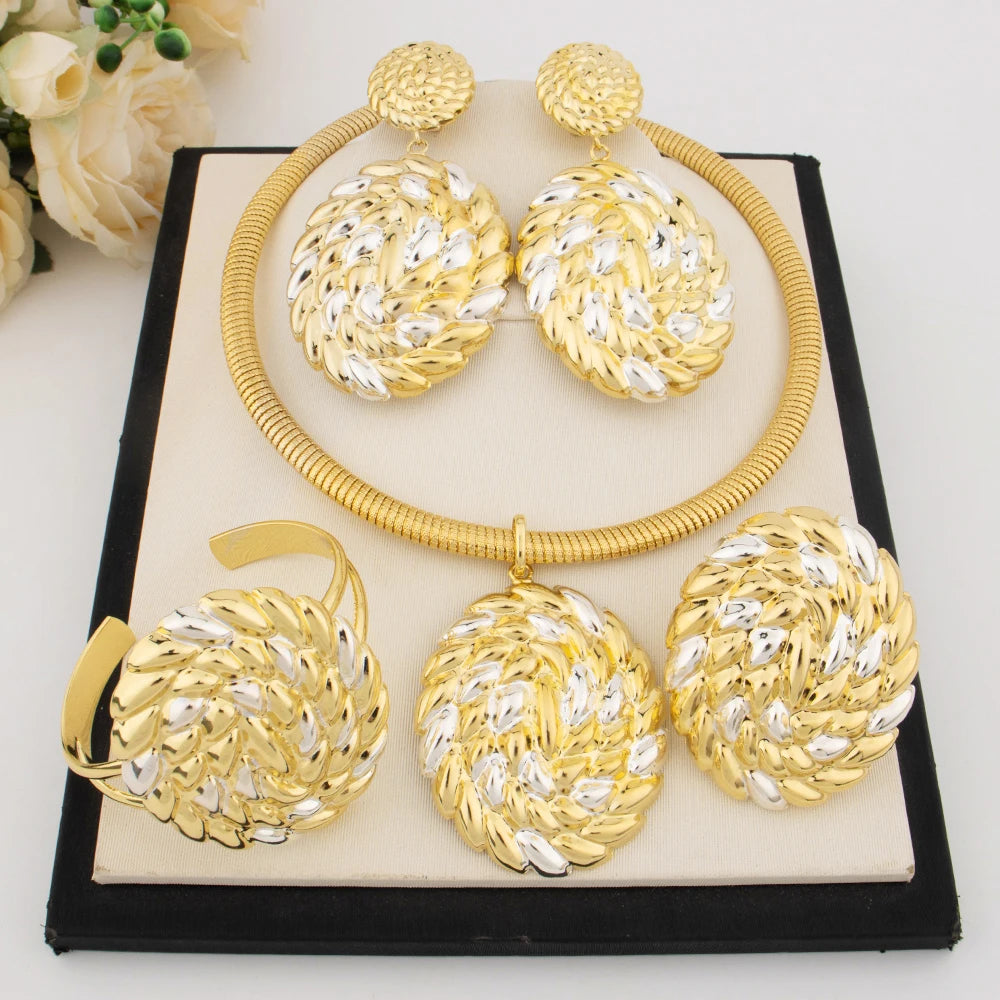 Women Luxury Design Jewelry Set Dubai America Gold Color Earrings Necklace Copper Alloy Bangle Rings Set For Wedding Party Gift