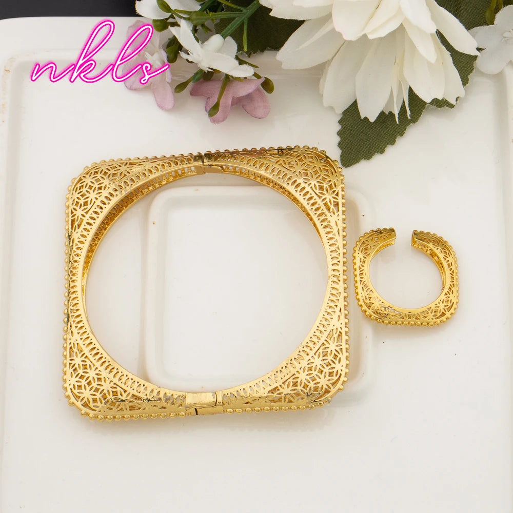 Plated Bangles with Rings 2Pcs Jewelry Set for Women Dubai Copper Bracelets African Charm Luxury Wedding Banquet Gifts