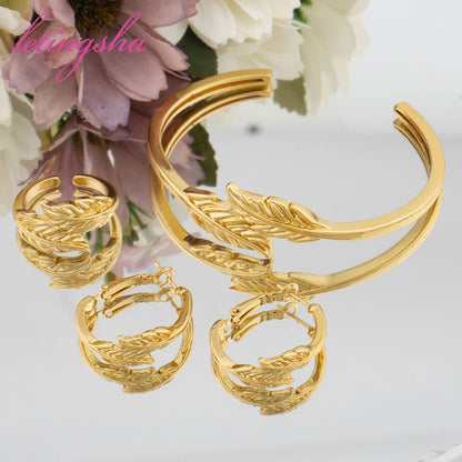 Dubai Gold Color Luxury Jewelry Set Fashion Statement Cuff Bangle Newest Hoop Earrings Ring Sets for Women Trendy Jewelry Gift