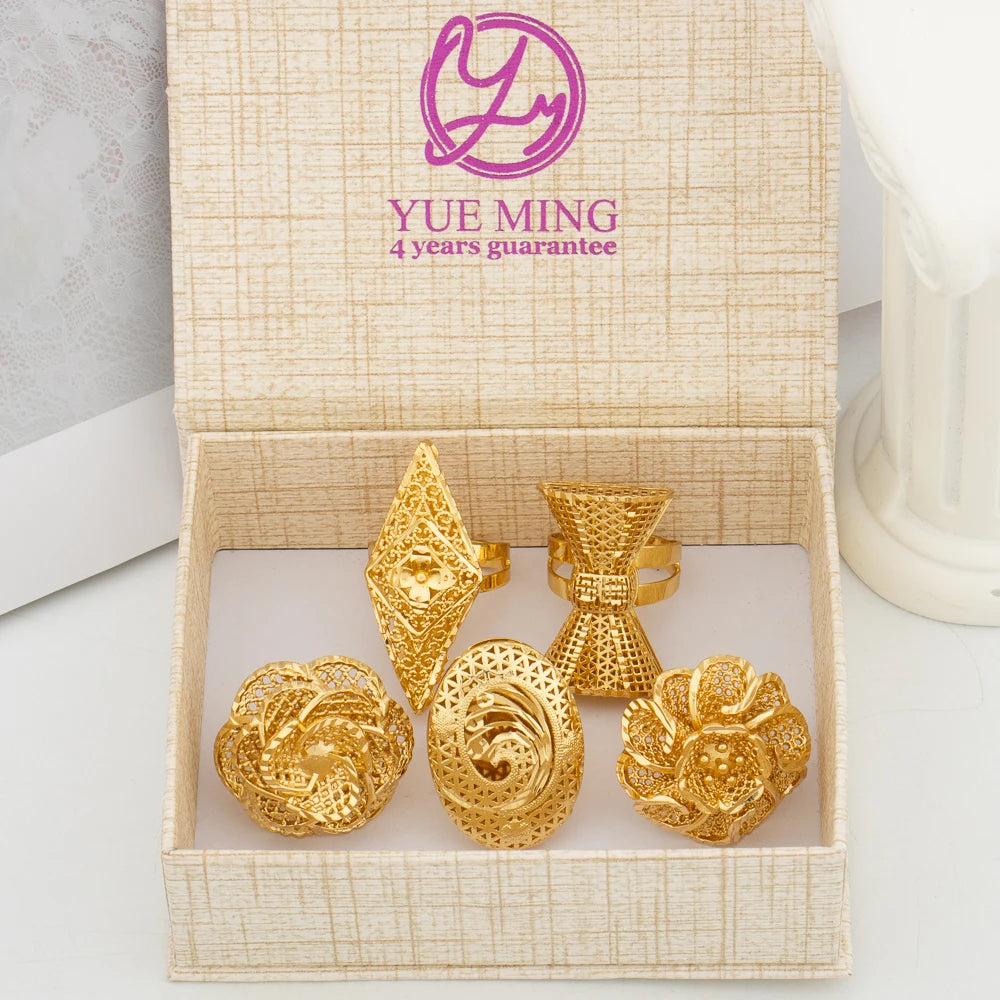 Italian Gold Plated Jewelry Set Unique Finger Ring Women Big Style Flower Elegant Rings Jewellery Sets Adjustable Ring Gifts