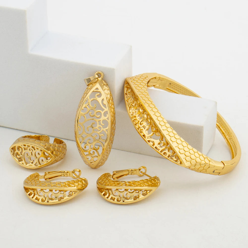 Dubai Gold Color Earrings Bangle Ring Jewelry Set for Party Elegant Weddings Hoop Earrings Cuff Bangle Finger Ring Set Nigerian