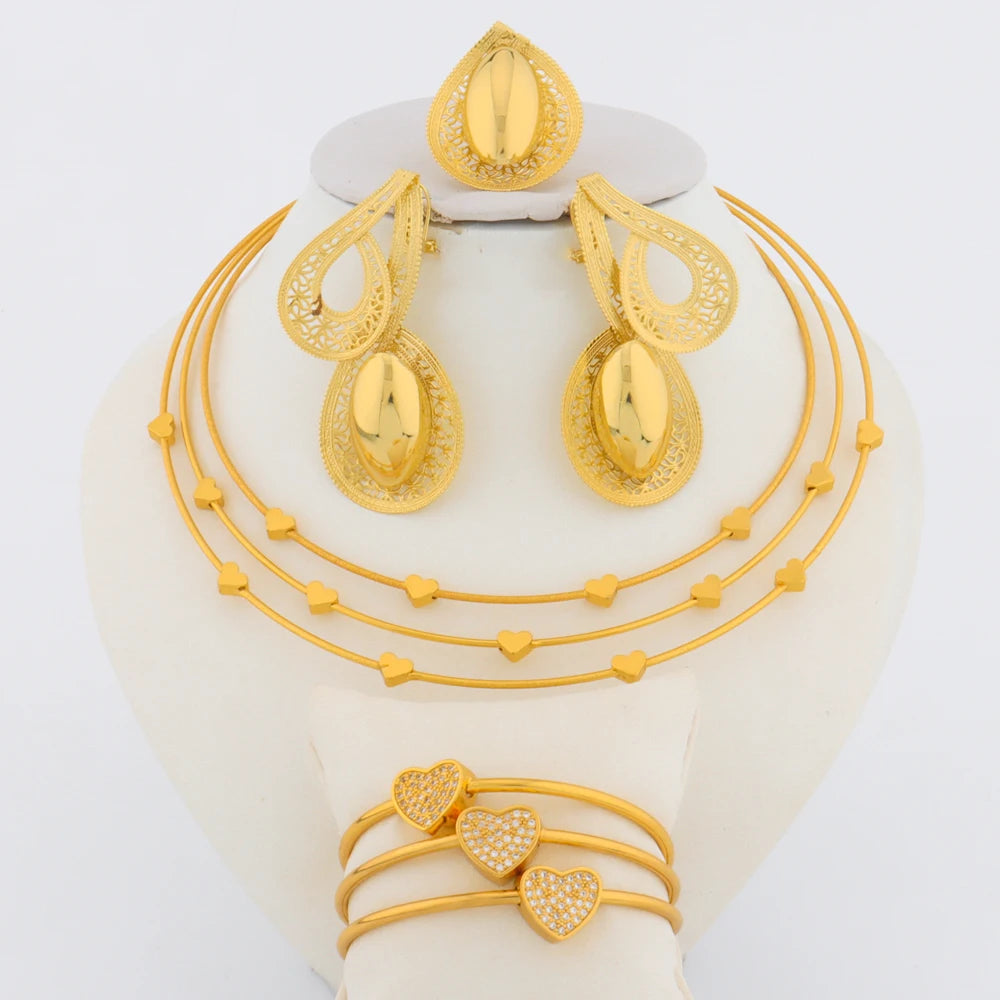 2025 African Love Necklace & jewellery woman Set—Heart Bracelet Ring Earrings for Wedding Party jewelry women set