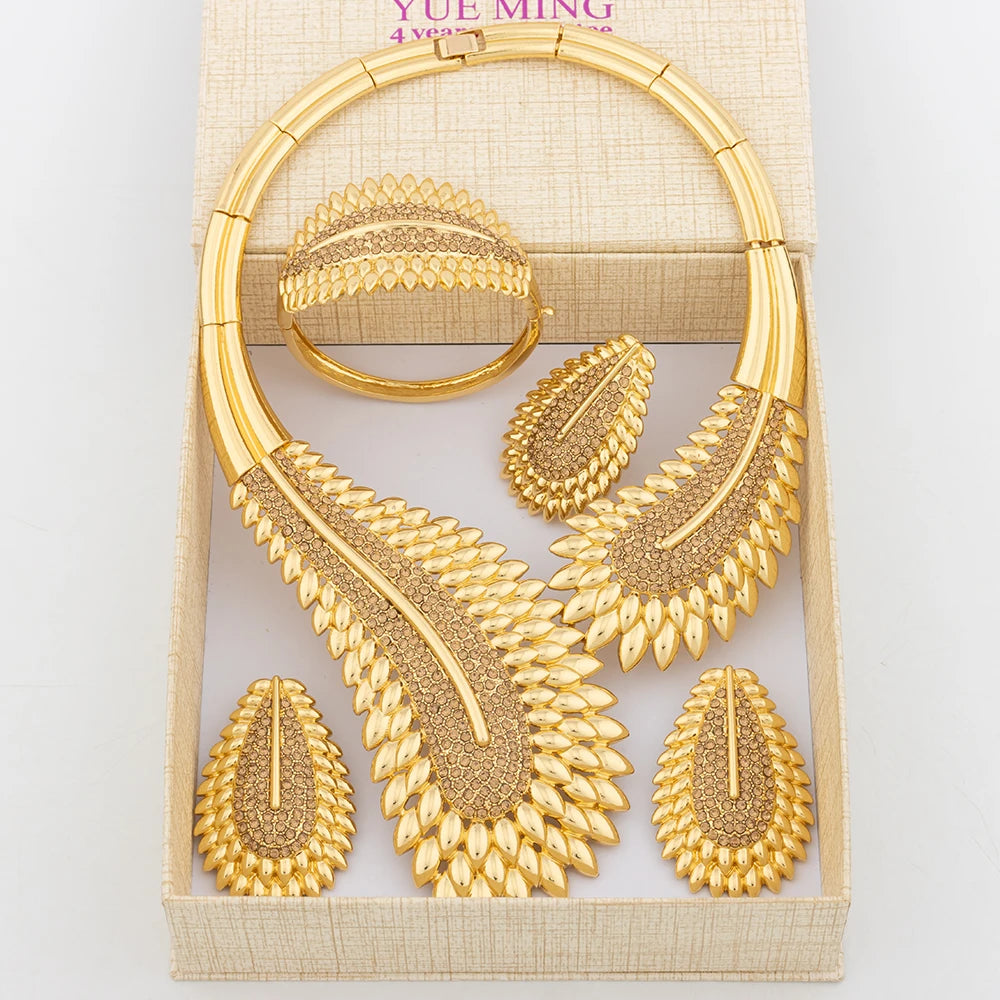 Italian Plated Jewelry Set for Women - Large Color Lady Necklace Earrings Bracelet Ring - High Quality Wedding Jewelry