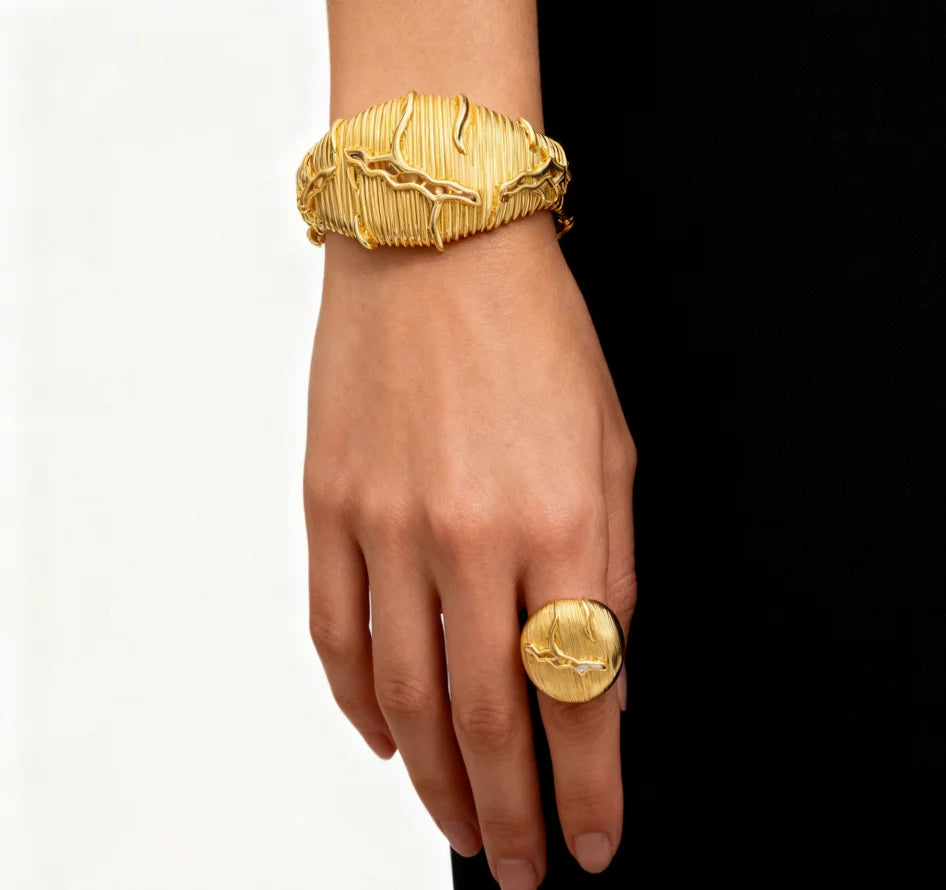 Dubai Cuff Bangle & Ring Set, Chunky Luxury Italian African Bracelet for Wedding & Daily Wear, Elegant Jewelry Women Se