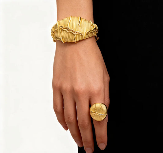 Dubai Cuff Bangle & Ring Set, Chunky Luxury Italian African Bracelet for Wedding & Daily Wear, Elegant Jewelry Women Se