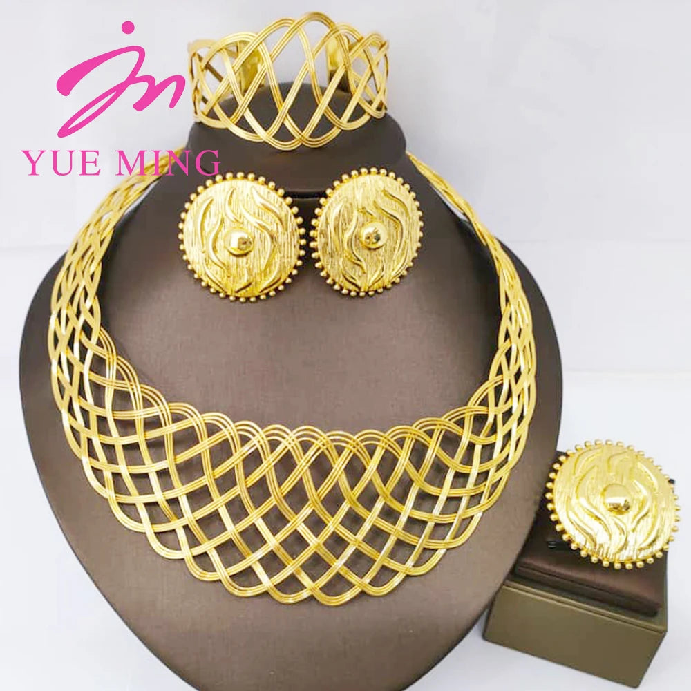 YM Gold Plated Jewelry Set for Women Copper Necklace Earrings Dubai African Party Bridal Wedding Gifts Arabic Cuff Bangles Rings - YUEMING JEWELRY