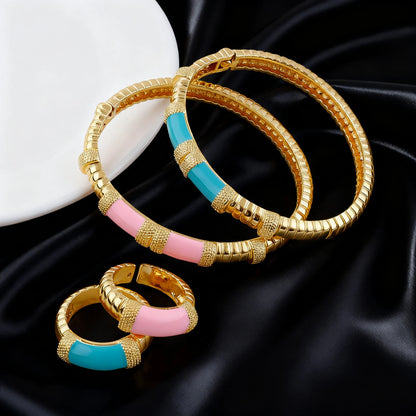 18K gold color plated Dubai bracelets, luxury Arabian wedding jewelry sets, hidden buckle women’s bracelets and rings
