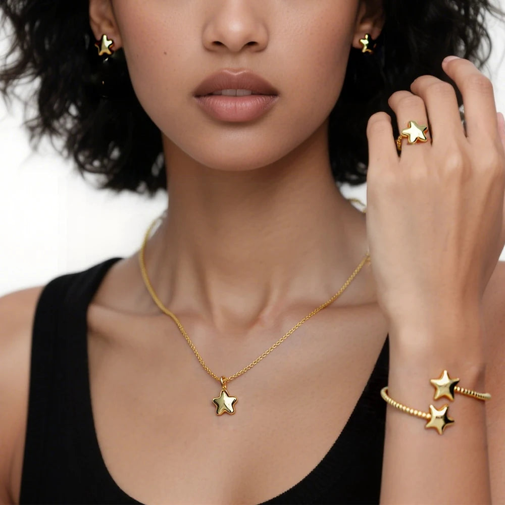 Europe AmericaTiny Jewelry Sets For Women Wedding Party Stainless Steel Pendant Necklaces Earrings Bangle Ring Jewelry Gifts