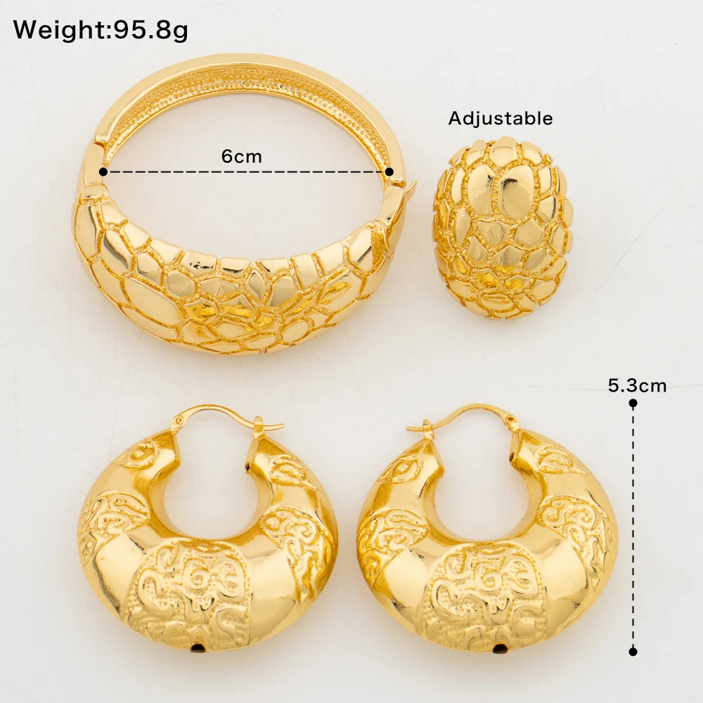 African Gold Plated Jewelry Set Daily Wear Hoop Earring and Bangle Ring Set for Weddings Bride New Design Earrings Bracelet Ring