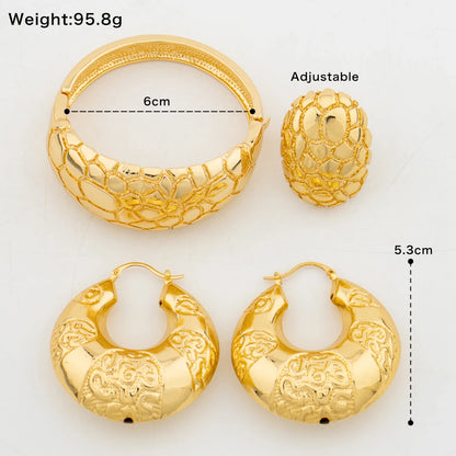 African Gold Plated Jewelry Set Daily Wear Hoop Earring and Bangle Ring Set for Weddings Bride New Design Earrings Bracelet Ring