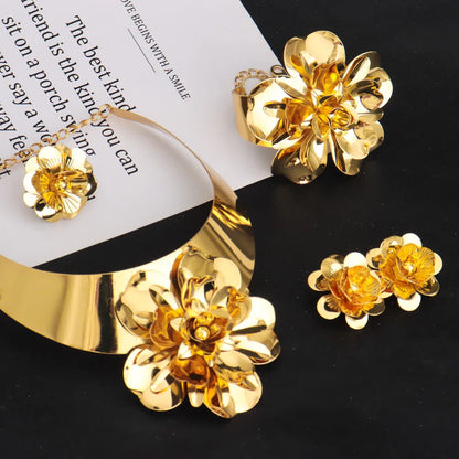 gold jewelry sets Flower Shape Women Luxury Gold Color Bangle Ring necklace and earrings set For Wedding Accessories Party