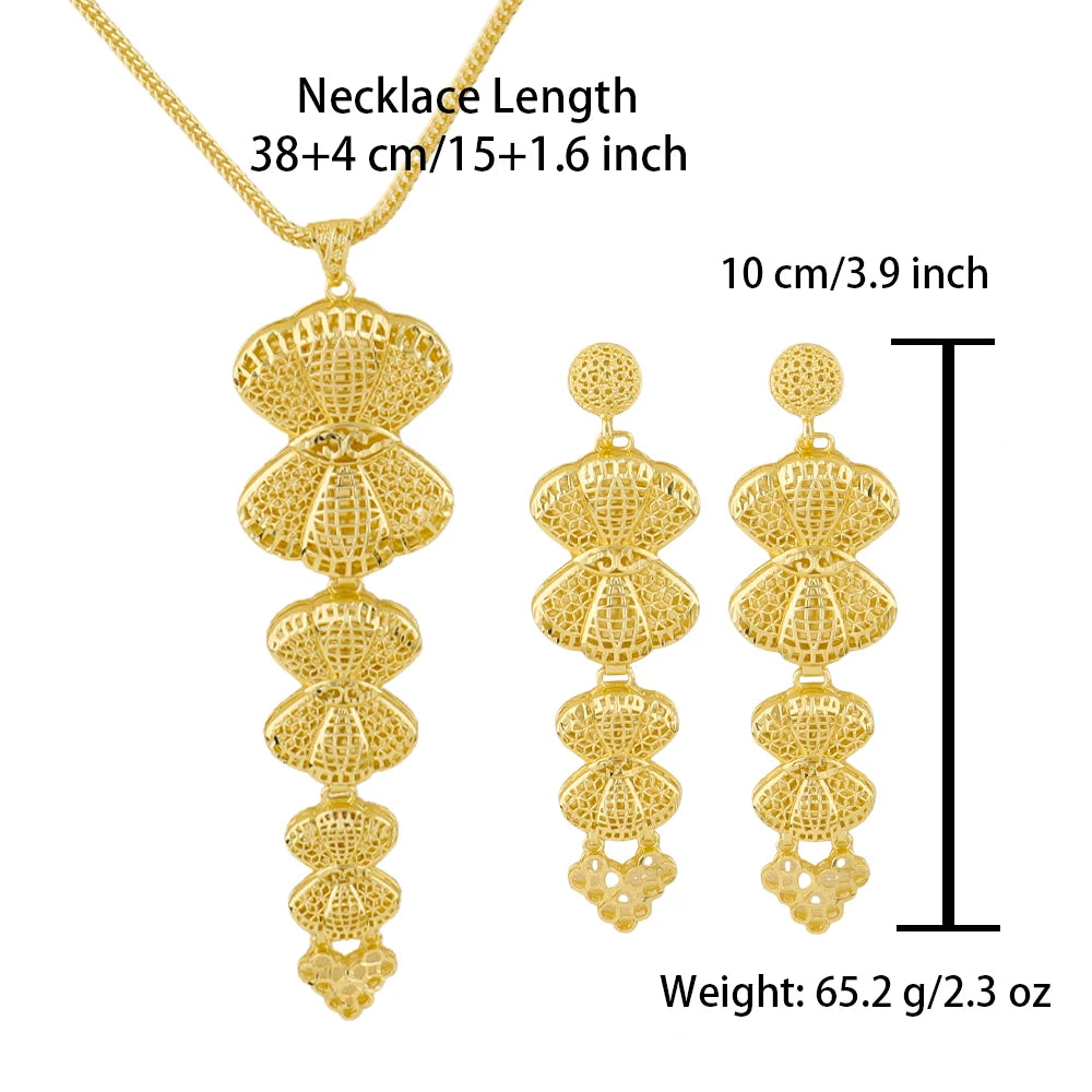 Dubai African 24K Gold Plated Shell Shape Necklace Earrings 3pcs Set for Women Gold Color Party Wedding Banquet Jewelry Gift