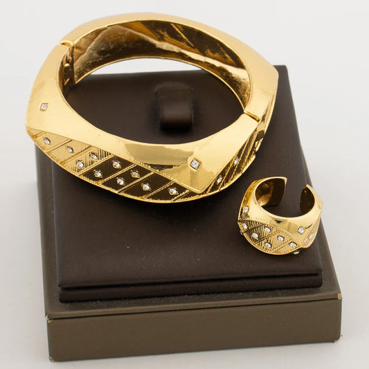 Brazilian Bangle with Ring Jewelry Set for Party 18k Gold Color Hand Bracelet Cocktail Ring 2Pcs Set for Weddings Engagement