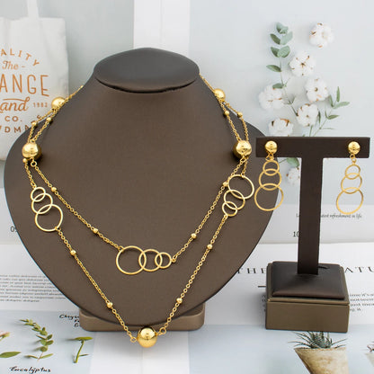 Dubai Bead Chain & Rose Flower Pendant Set, Long Necklace Earring Set for Bride Luxury Jewelry Sets Women Gift