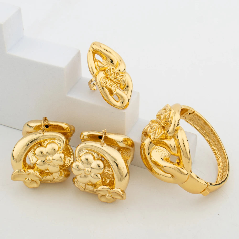 Hoop Earrings and Bangle Ring Jewelry Set for African 18k Gold Color Dangle Earrings Weddings Bridal Earrings Bangle Jewelry Set