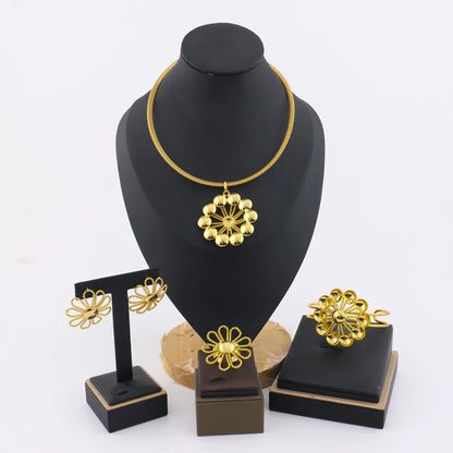 New Trendy Gold Plated Jewelry Set For Dubai Women Gold Color Necklace Earrings Bracelet And Ring Jewelry Set