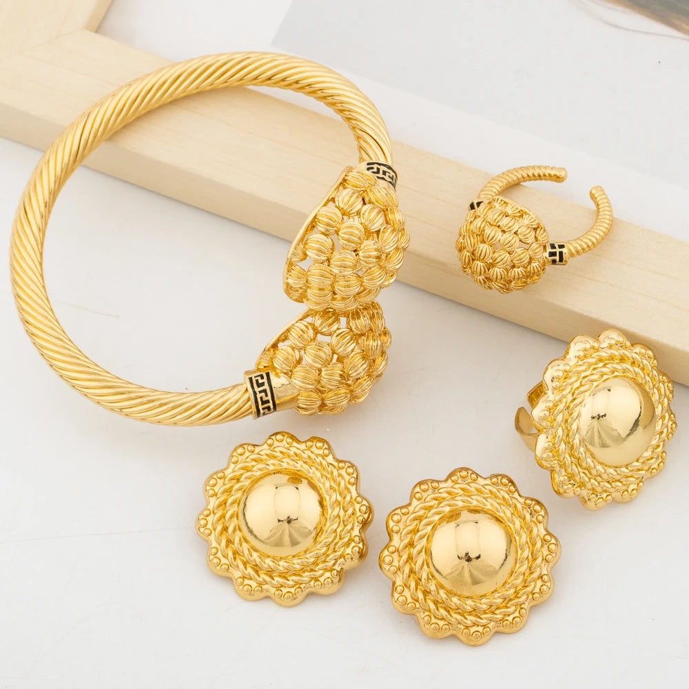 Cuff Bangle with Ring Jewelry Set for African 18k Gold Plated Beads Design Bangle and Finger Ring Set for Dubai Engagement Gifts