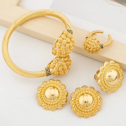 Cuff Bangle with Ring Jewelry Set for African 18k Gold Plated Beads Design Bangle and Finger Ring Set for Dubai Engagement Gifts