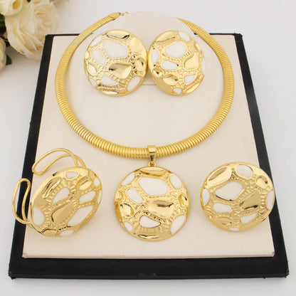Luxury Design Female Jewelry Set Gold Color Earrings Necklace Big Circle Bangle Ring for Women Dubai America Party Jewelry