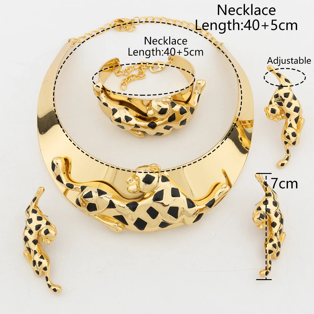 Gold Plated Necklace and earrings set for women Leopard Animal Dangle Earrings Bracelet Ring Banquet Party Fashion Jewellery