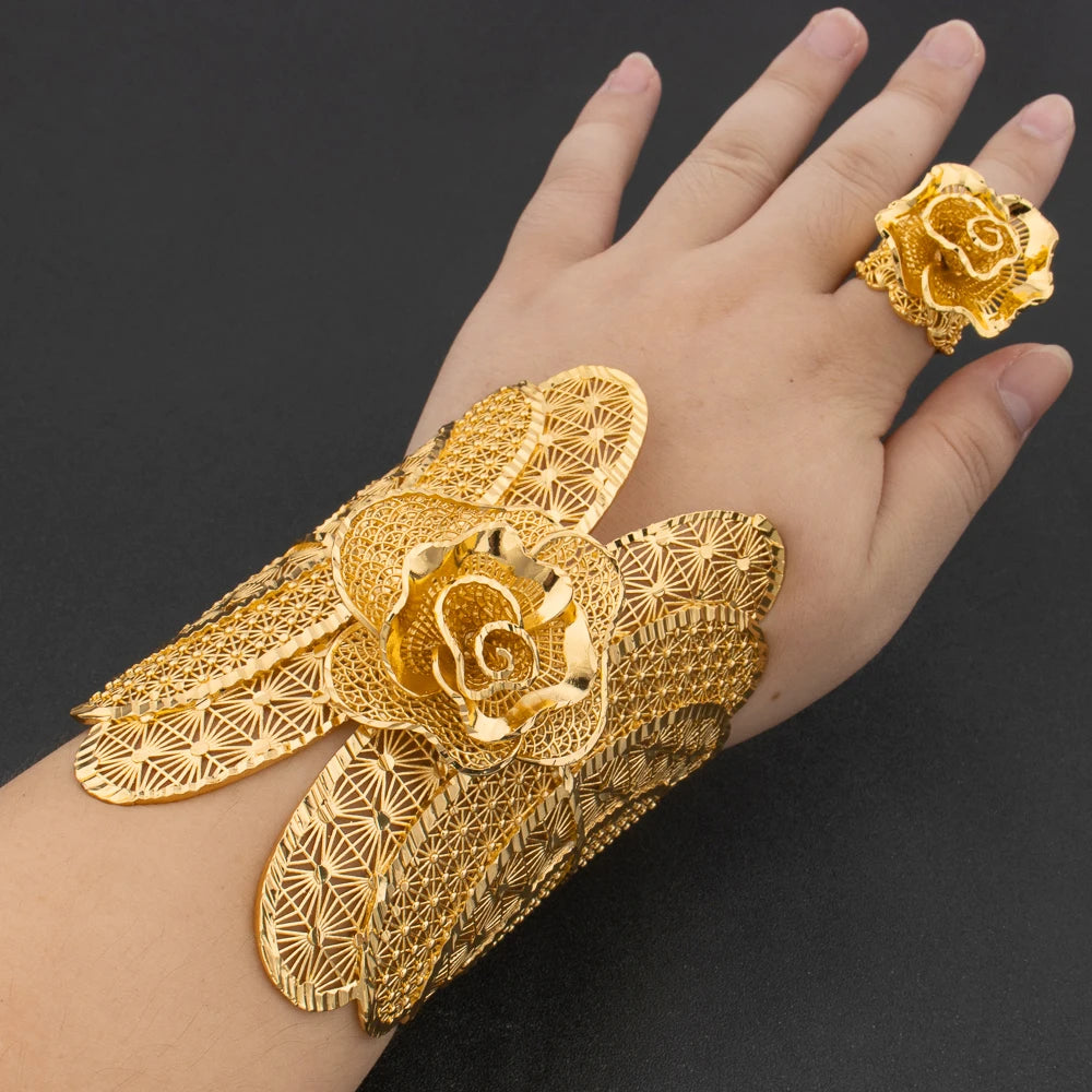 plated arab luxury bracelet women fashion adjustable bangle ring jewelry set for Wedding New Concise Party Gifts
