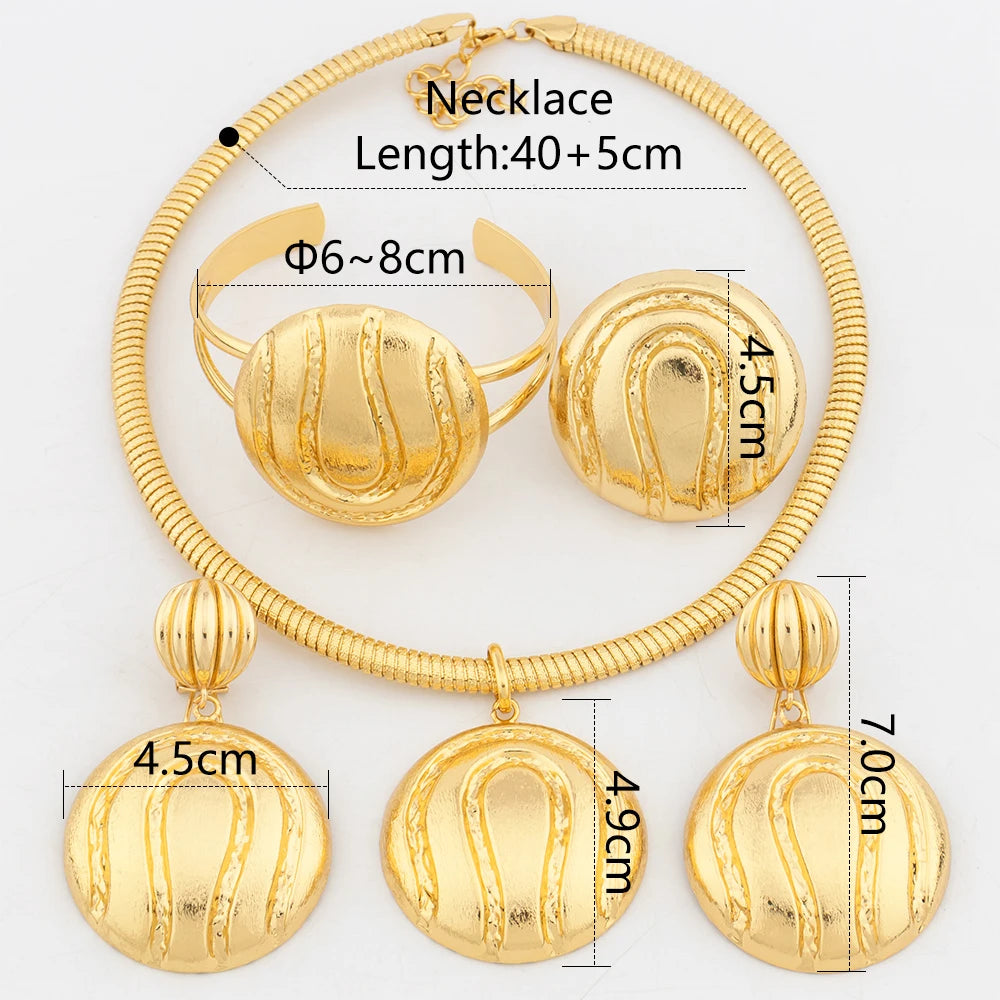 YM Gold Plated Jewelry Sets for Women Dubai African Party Wedding Gifts Round Pendant Copper Necklace Earrings Cuff Bangles Ring - YUEMING JEWELRY