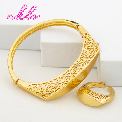Tone Dubai Necklace Hoop Earrings Ring Bracelet Pendant Set for Women, African Jewelry Gift, Elegant Jewelry Women Set