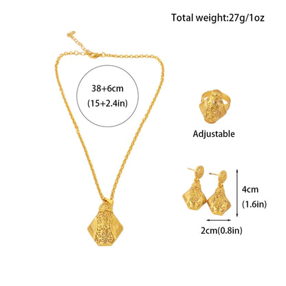 Mid East Luxury Gold Plated Necklace Ring Earrings Set for Women Gold Color Elegant Jewelry Gift for Nigeria Bride Wedding Party