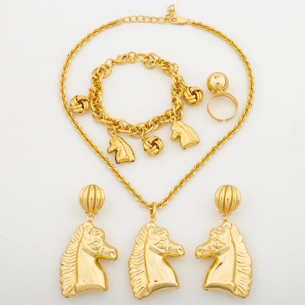 18k Gold Color Jewelry Set for Party African Large Design Earrings and Pendant Necklace Charm Bracelet Ring Set for Nigerian