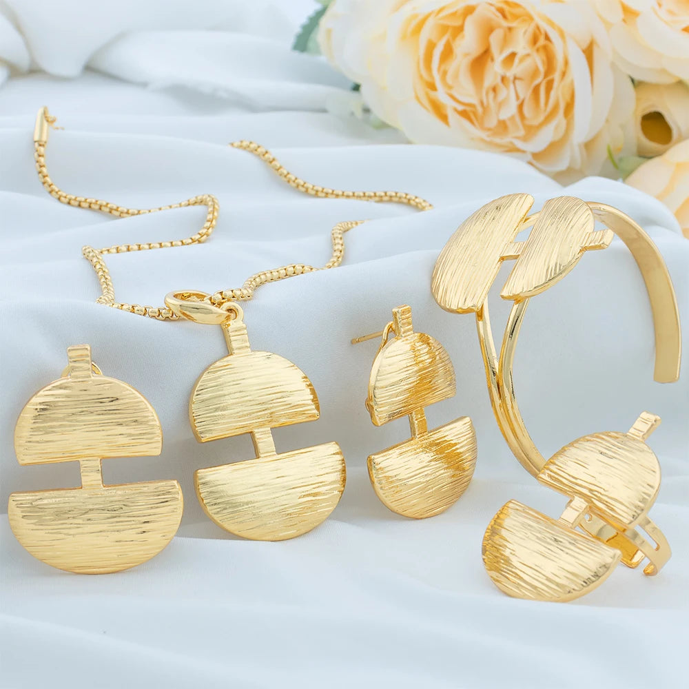 Gold Color Jewelry Sets For Women Wedding Necklace Earrings Dubai African Bridal Jewelry Accessory Geometry Cuff Bangles Ring - YUEMING JEWELRY