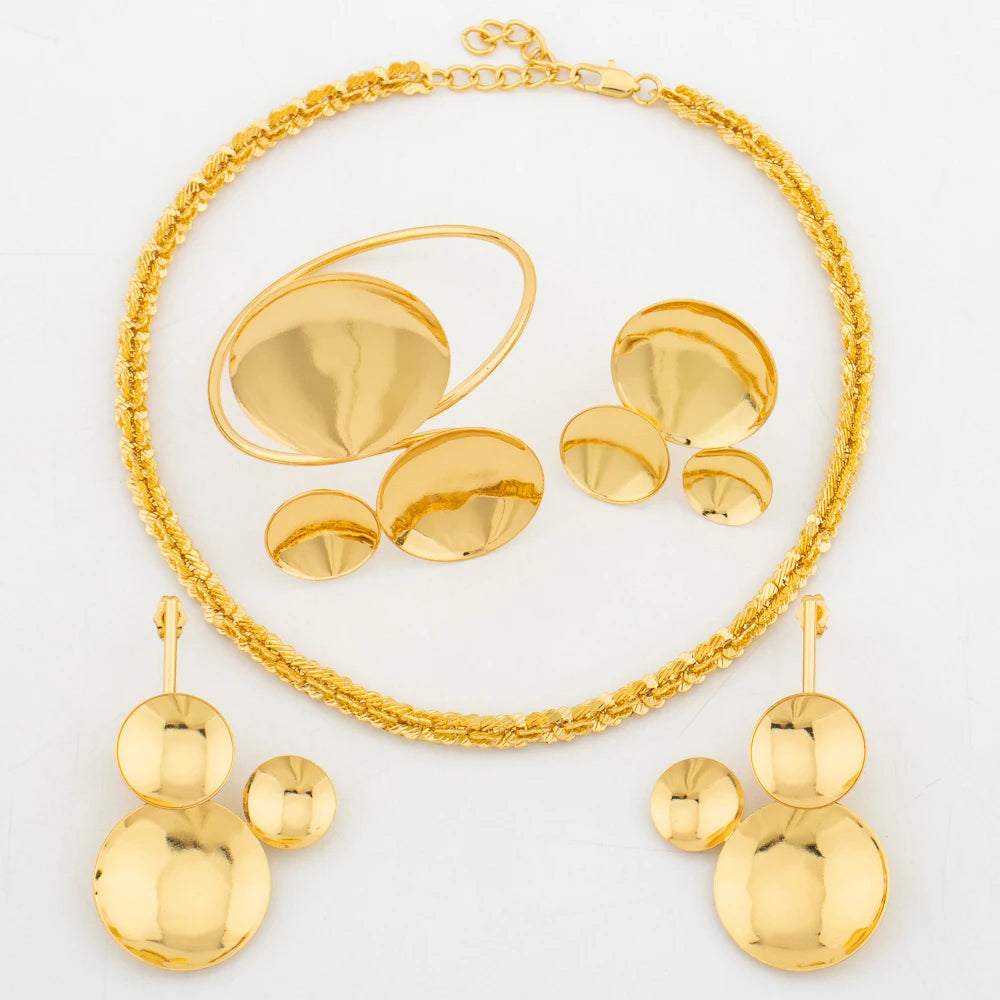 Dubai Gold Color Jewelry Set for Party Shine Design Dangle Earrings and Choker Necklace Weddings Bridal Hand Bangle Ring Jewelry