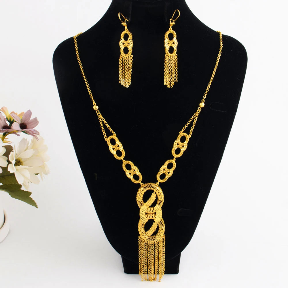 Luxury Gold Plated Long Chain Necklace Earrings Set for Women India Noble Nigeria Bride Jewelry Gift for Wedding Party