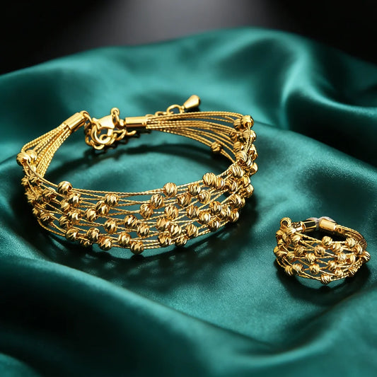 Noble Dubai Gold Color Jewelry Set For Women Luxury Multi Layer Bangle And Multi Bead Ring For Easter Gifts Wedding Arabic Party
