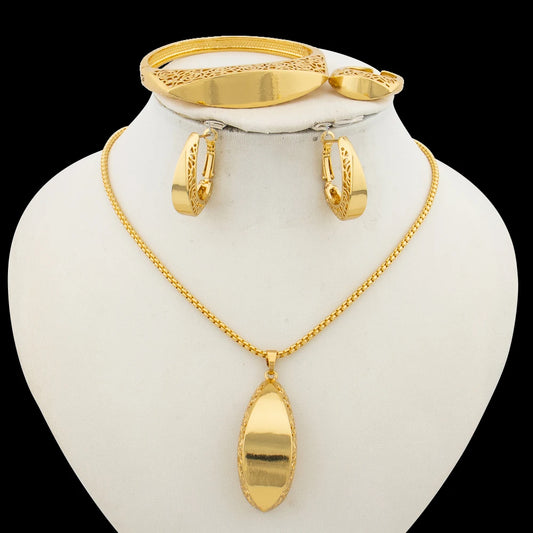 Fashion Women Jewelry Set for Party Pendant Necklace and Hoop Earrings Gold Color Copper Bridal Necklace Jewelry Accessories