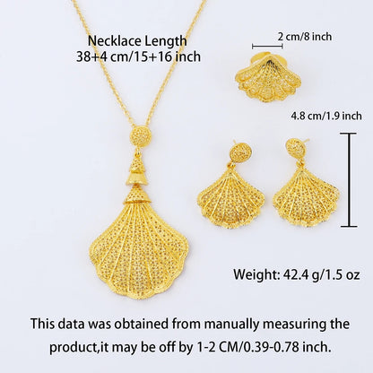Dubai sea-shell gold-tone necklace, earrings & ring set for women, elegant bridal gift, Nigeria wedding party jewelry, boxed