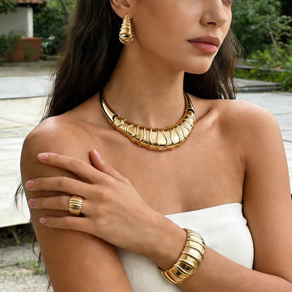 gold plated earrings and necklace bracelet Rings set women Italian vintage wedding party Jewelry Gift set